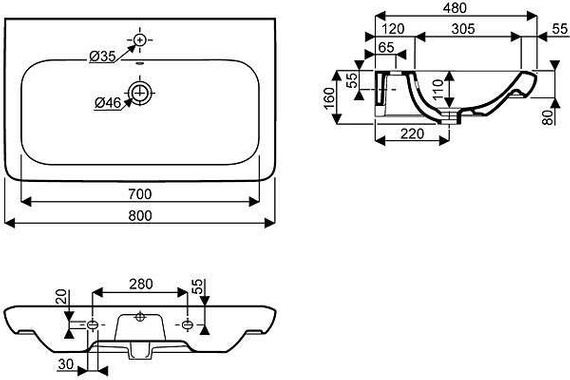 LIFE Umywalka wisząca 48x80 biała